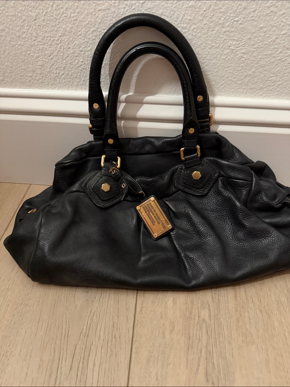 Marc by Marc Jacobs Black Leather Satchel Handbag with Gold Hardware